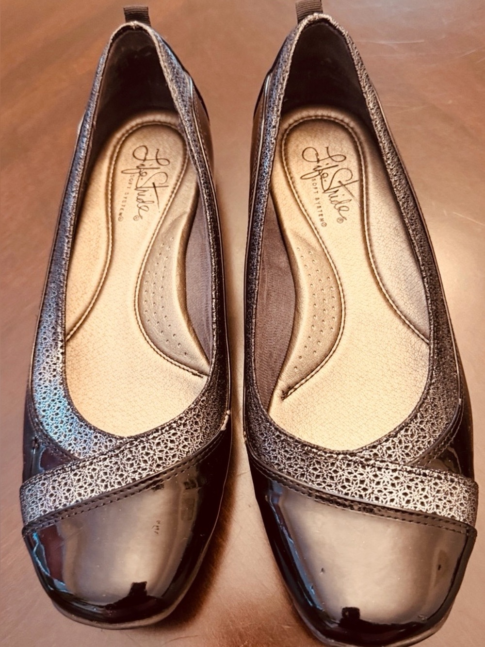 Life Stride Black Patent and Textured Trim Ballet Flats